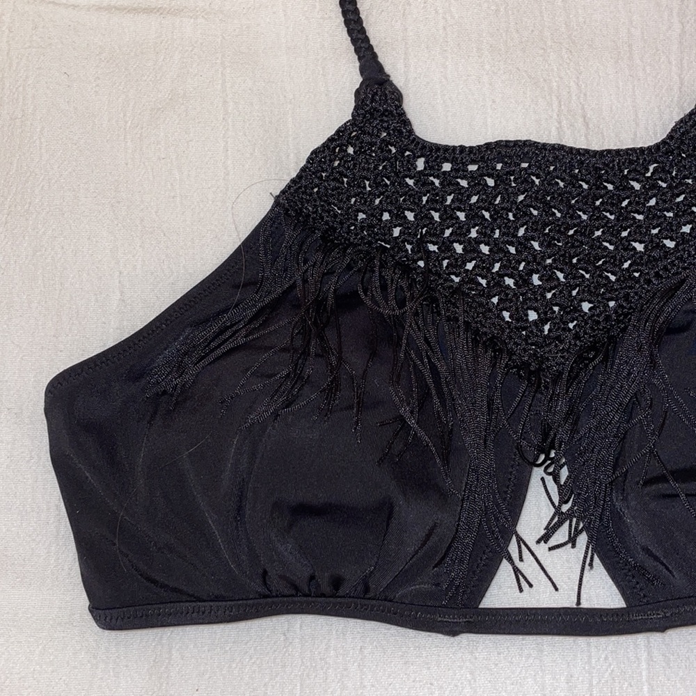 Victoria's Secret Black Crochet Fringe Halter Bikini Top - Picture 3 of 7